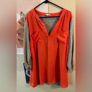 Women’s Plus Georgette Blouse Coral Orange with Knit Grey Back Size 2X